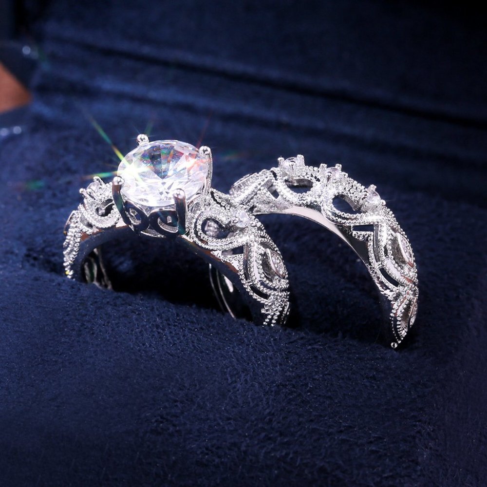 💞 Luxury Vintage Silver Flower Engagement/Wedding Ring Set for Couple, VIP275